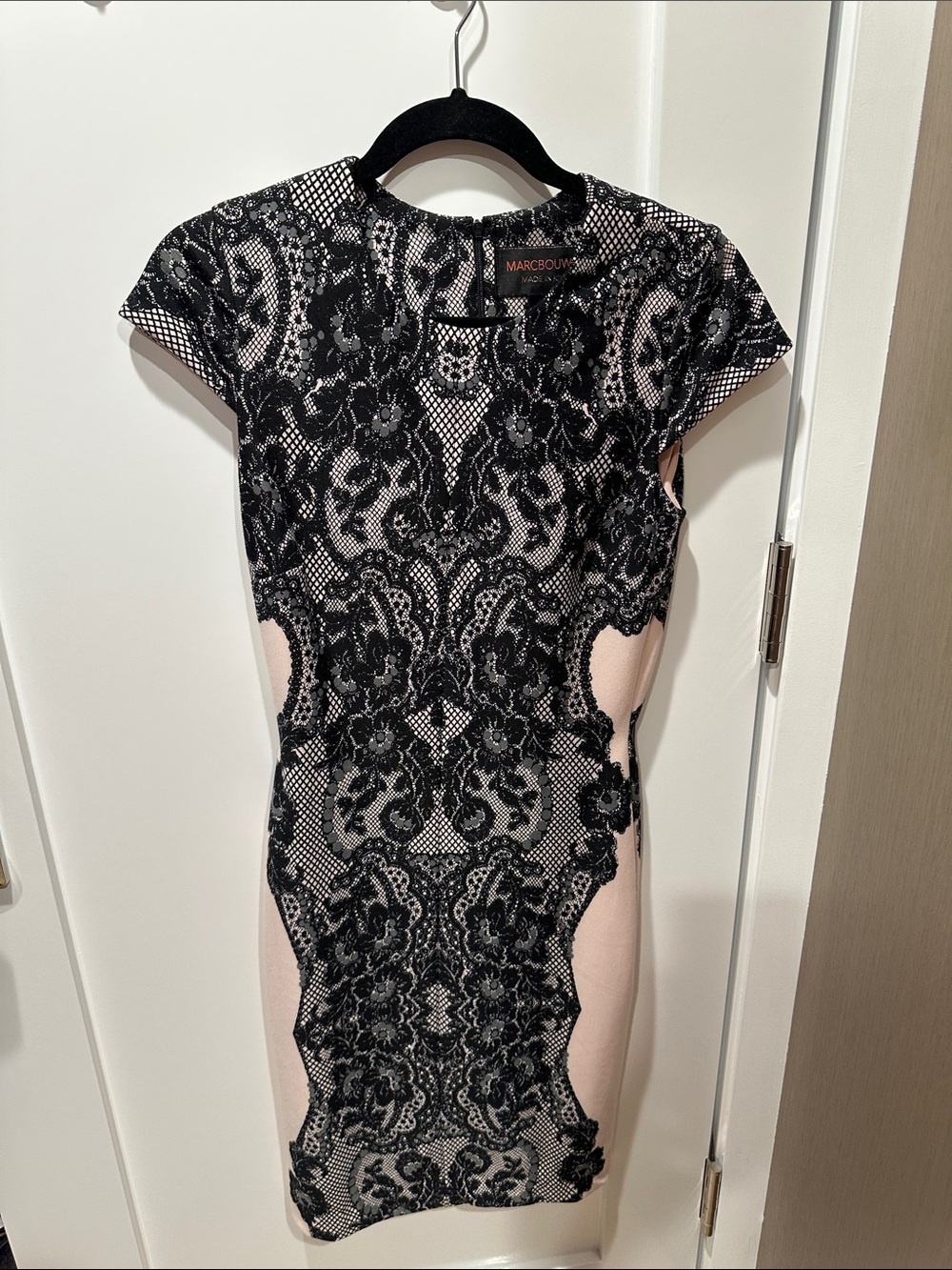 Marc Bouwer Black Lace Overlay on Blush Midi Sheath Dress